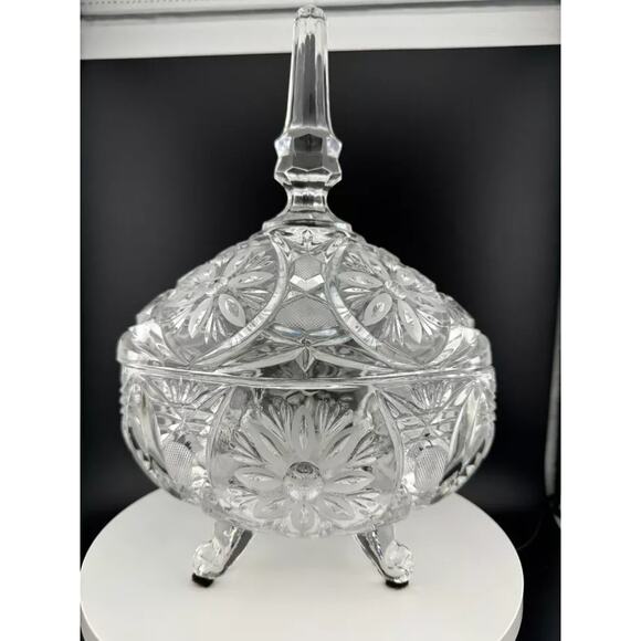Vintage Footed, Lidded Oval Crystal Candy Dish with Floral Pattern - Picture 1 of 9